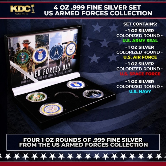 4 OZ .999 Fine Silver Set US Armed Forces Colorized Collection