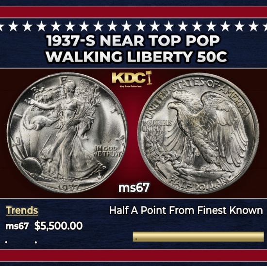 1937-s Walking Liberty Half Dollar Near Top Pop 50c ms67 SEGS