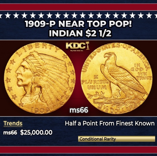1909-p Gold Indian Quarter Eagle Near Top Pop! $2 1/2 ms66 USCG