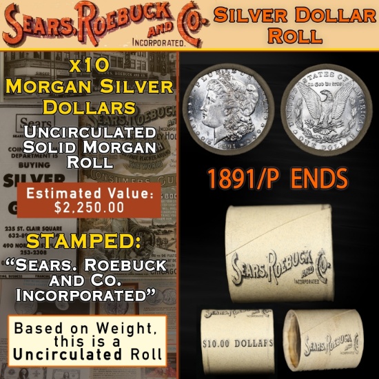 C- Morgan Dollar Roll From SEARS 10 Coin Rare UNC 1891/'P' Rev Ends