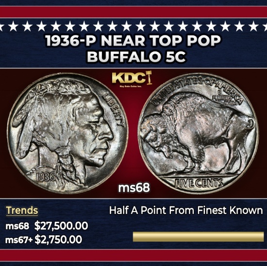 1936-p Buffalo Nickel Near Top Pop 5c ms68 SEGS