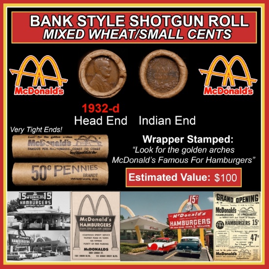 Lincoln Wheat Cent 1c Mixed Roll Orig Brandt McDonalds Wrapper, 1932-d end, Indian other end