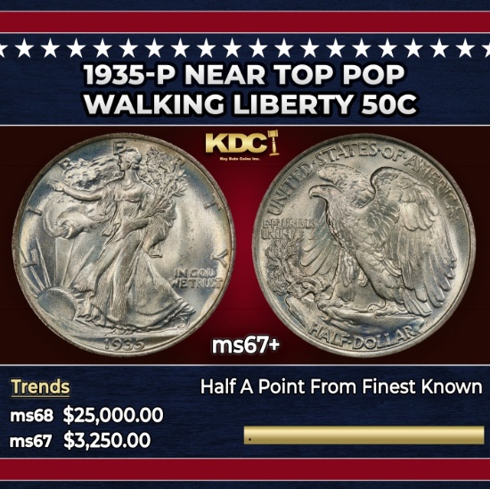 1935-p Walking Liberty Half Dollar Near Top Pop 50c ms67+ SEGS