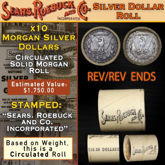 CN- SEARS Morgan Circulated 10 Coin Silver Dollar $1 Roll 'P' Rev/'P' Rev Ends