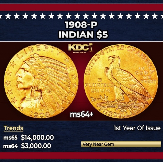 1908-p Gold Indian Half Eagle $5 ms64+ USCG