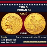 1910-s Gold Indian Half Eagle $5 ms64+ USCG