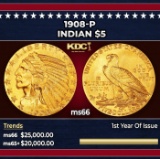 1908-p Gold Indian Half Eagle $5 ms66 USCG
