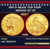 1911-p Gold Indian Quarter Eagle Near Top Pop! $2 1/2 ms65 SEGS