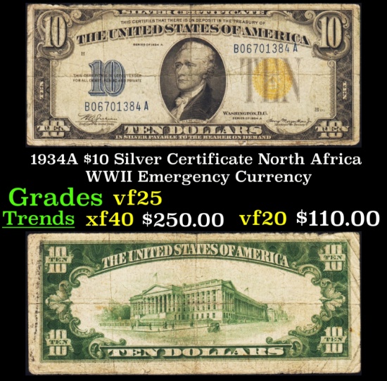 1934A $10 Silver Certificate North Africa WWII Emergency Currency Grades vf+