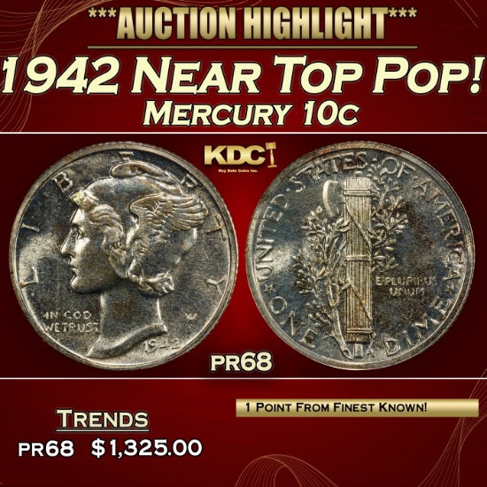 1942 Proof Mercury Dime Near Top Pop! 10c pr68 SEGS