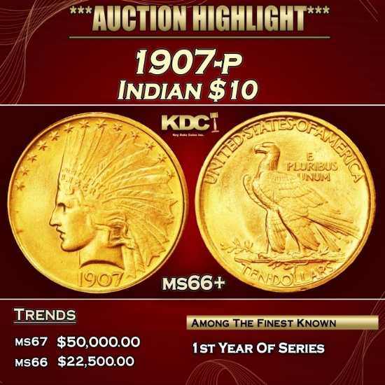 1907-p Gold Indian Eagle $10 ms66+ SEGS