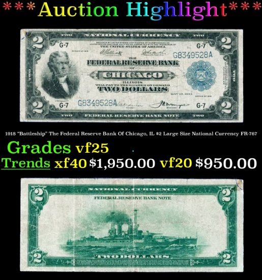 1918 $2 Large Size National Currency "Battleship" The Federal Reserve Bank Of Chicago, IL Grades vf+