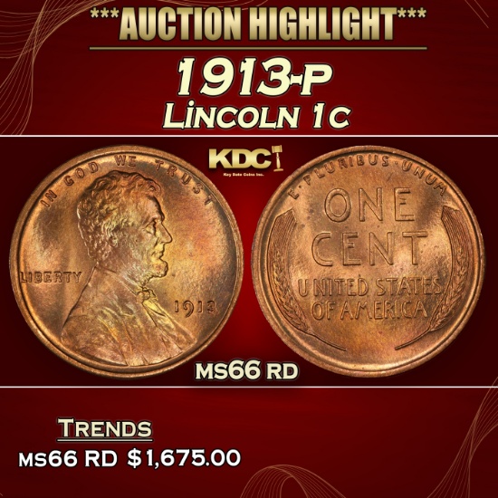 1913-p Lincoln Cent 1c ms66 rd SEGS