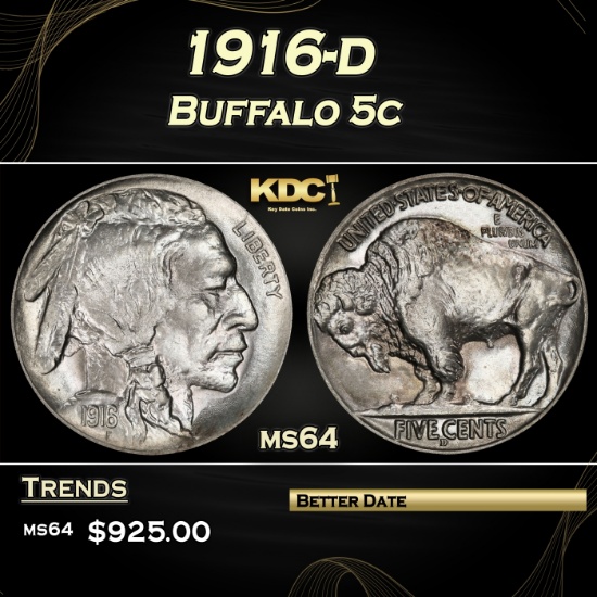 1916-d Buffalo Nickel 5c Grades ms64