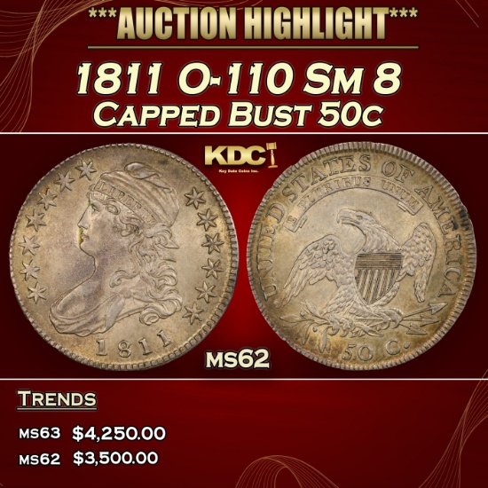 1811 Capped Bust Half Dollar O-110 Sm 8 50c ms62 USCG