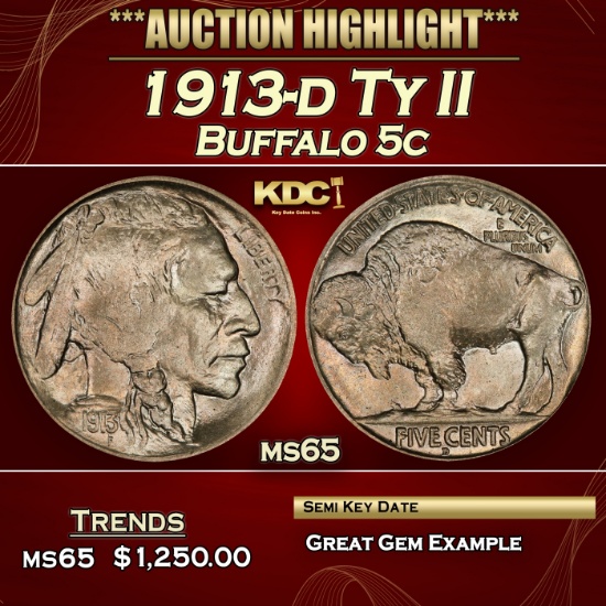1913-d Ty II Buffalo Nickel 5c ms65 SEGS