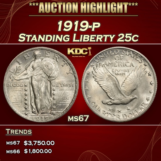 1919-p Standing Liberty Quarter 25c ms67 SEGS