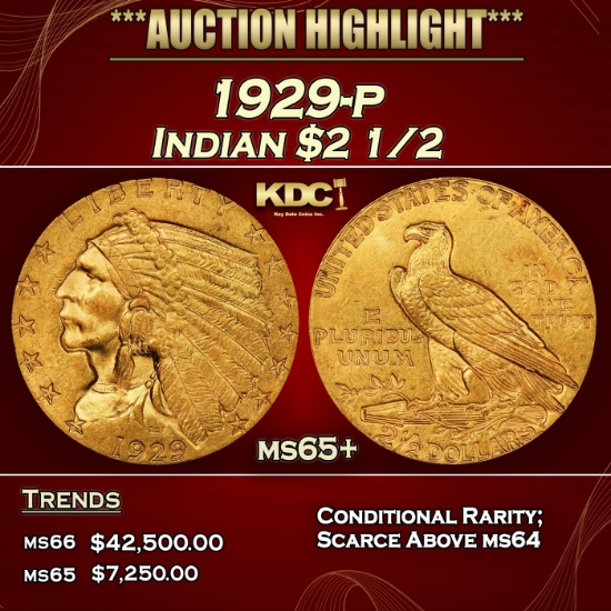 1929-p Gold Indian Quarter Eagle $2 1/2 ms65+ SEGS