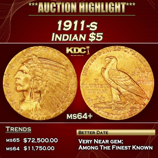 1911-s Gold Indian Half Eagle $5 ms64+ USCG