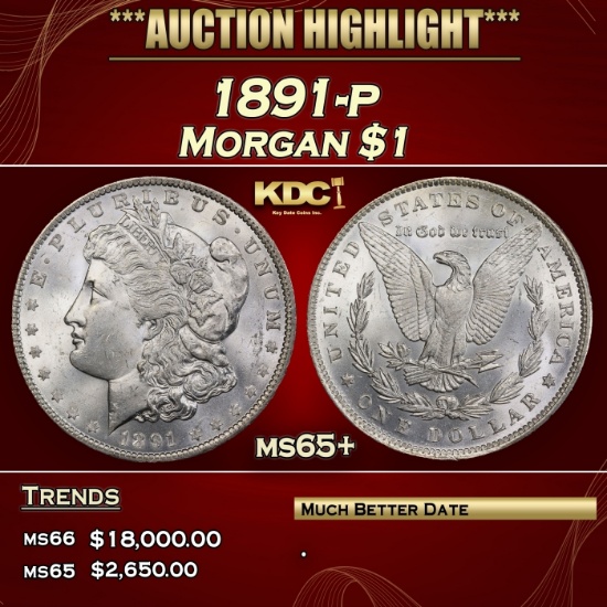 1891-p Morgan Dollar $1 ms65+ SEGS