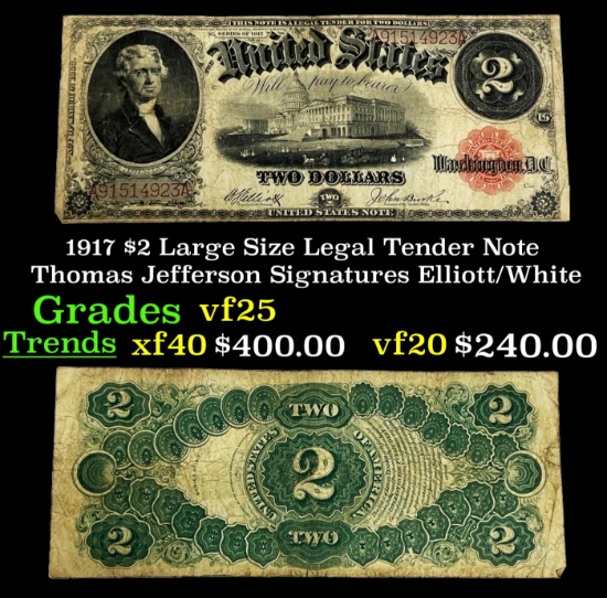 1917 $2 Large Size Legal Tender Note Thomas Jefferson Grades vf+ Signatures Elliott/White