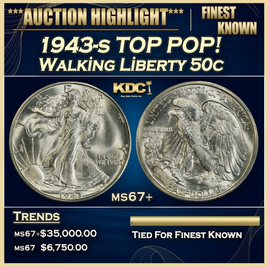 1943-s Walking Liberty Half Dollar TOP POP! 50c ms67+ SEGS