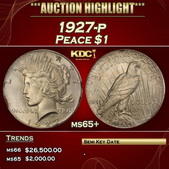 1927-p Peace Dollar $1 ms65+ SEGS