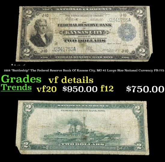 1918 $2 Large Size National Currency "Battleship" The Federal Reserve Bank Of Kansas City, MO Grades