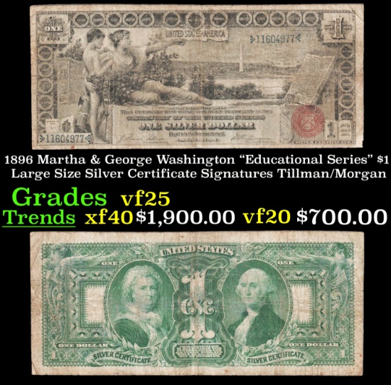 1896 $1 large size Silver Certificate Martha & George Washington "Educational Series" Grades vf+ Sig