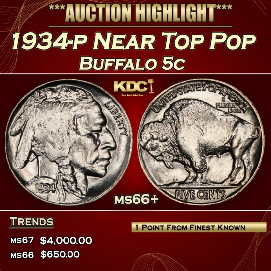 1934-p Buffalo Nickel Near Top Pop 5c ms66+ SEGS