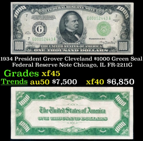 1934 $1000 Green Seal Federal Reserve Note President Grover Cleveland Chicago, IL Grades xf+ FR-2211