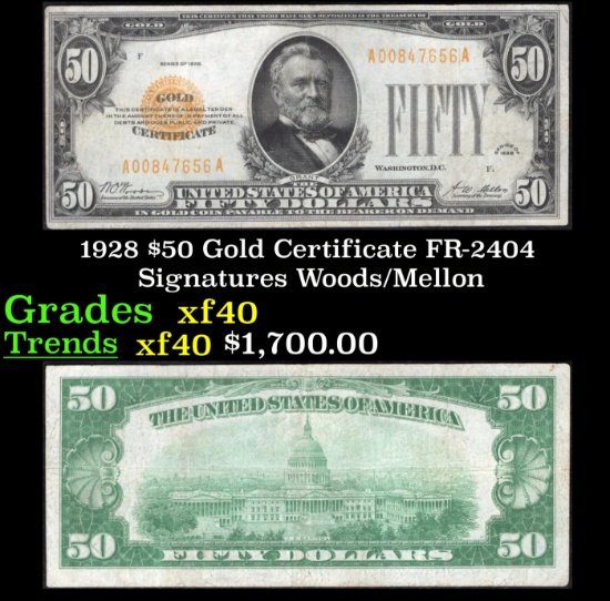 1928 $50 Gold Certificate FR-2404 Signatures Woods/Mellon Grades xf