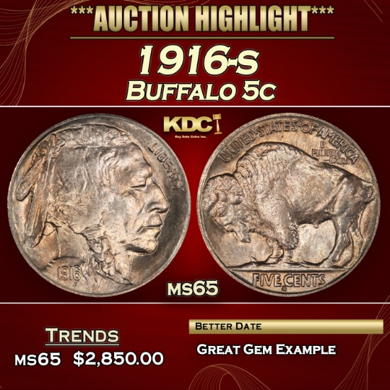 1916-s Buffalo Nickel 5c ms65 SEGS