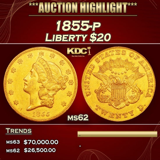 1855-p Gold Liberty Double Eagle $20 ms62 USCG