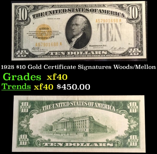 1928 $10 Gold Certificate Signatures Woods/Mellon Grades xf