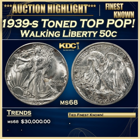 1939-s Walking Liberty Half Dollar Toned TOP POP! 50c ms68 SEGS