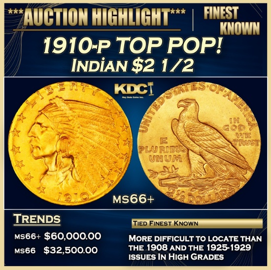 1910-p Gold Indian Quarter Eagle TOP POP! $2 1/2 ms66+ USCG