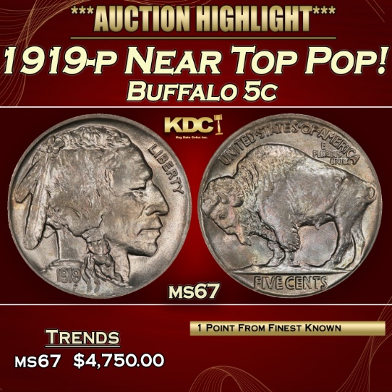 1919-p Buffalo Nickel Near Top Pop! 5c ms67 SEGS
