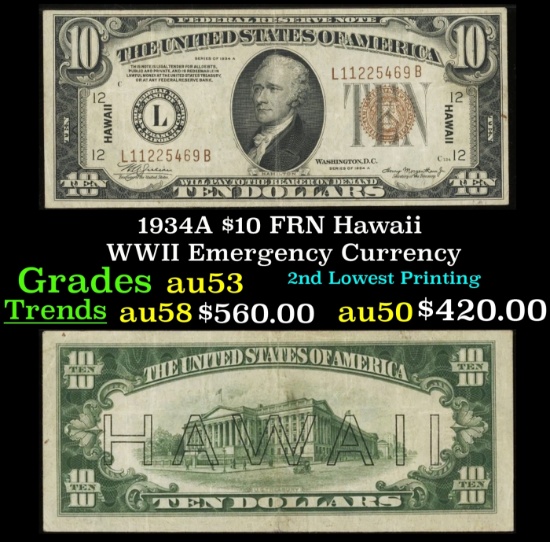 1934A $10 FRN Hawaii WWII Emergency Currency Grades Select AU