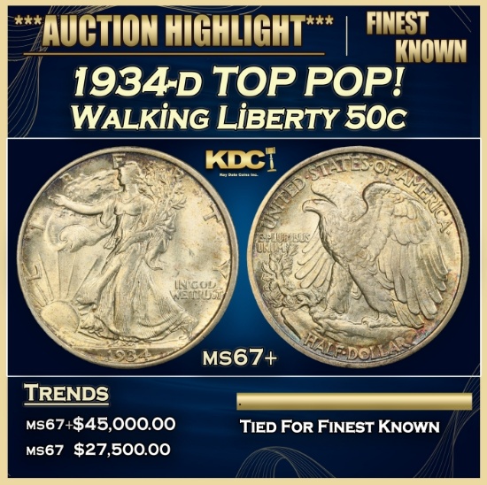 1934-d Walking Liberty Half Dollar TOP POP! 50c ms67+ SEGS