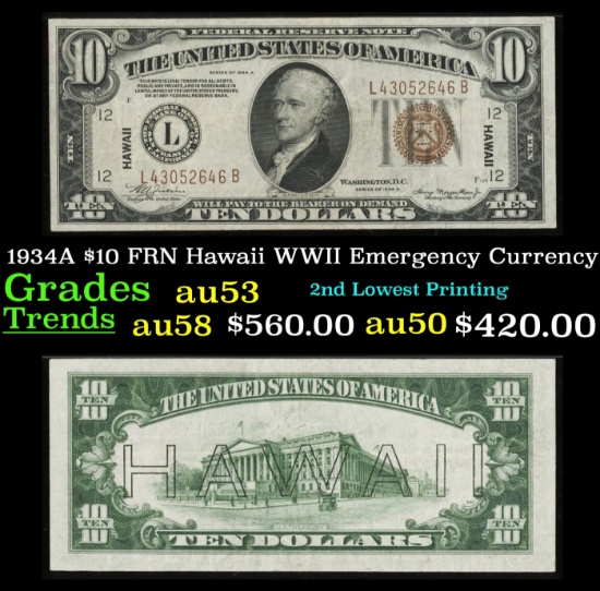 1934A $10 FRN Hawaii WWII Emergency Currency Grades Select AU