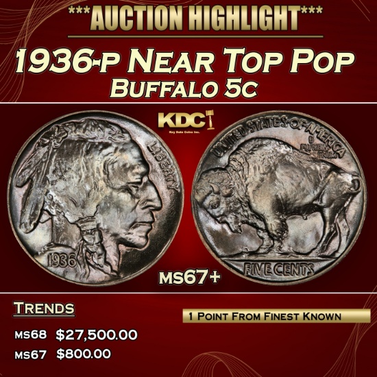 1936-p Buffalo Nickel Near Top Pop 5c ms67+ SEGS