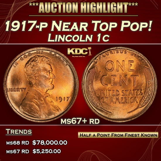 1917-p Lincoln Cent Near Top Pop! 1c ms67+ rd SEGS