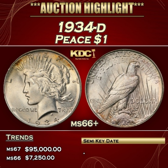 1934-d Peace Dollar $1 ms66+ SEGS