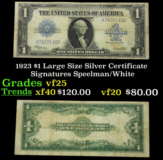 1923 $1 large size Silver Certificate Grades vf+ Signatures Speelman/White