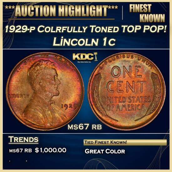 1929-p Lincoln Cent Colrfully Toned TOP POP! 1c ms67 rb SEGS