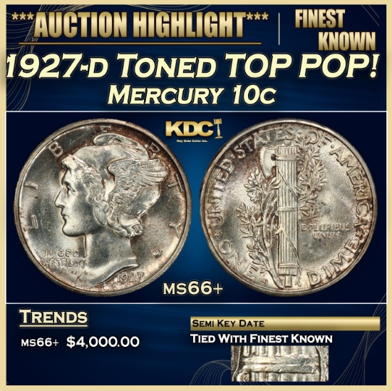 1927-d Mercury Dime Toned TOP POP! 10c ms66+ SEGS