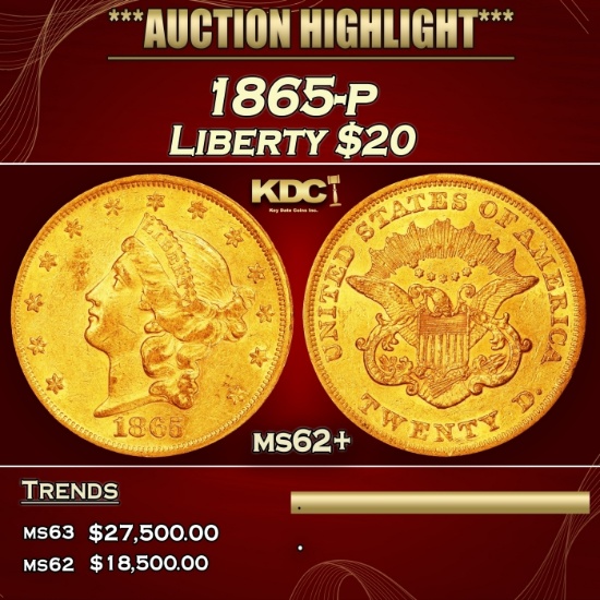 1865-p Gold Liberty Double Eagle $20 ms62+ SEGS