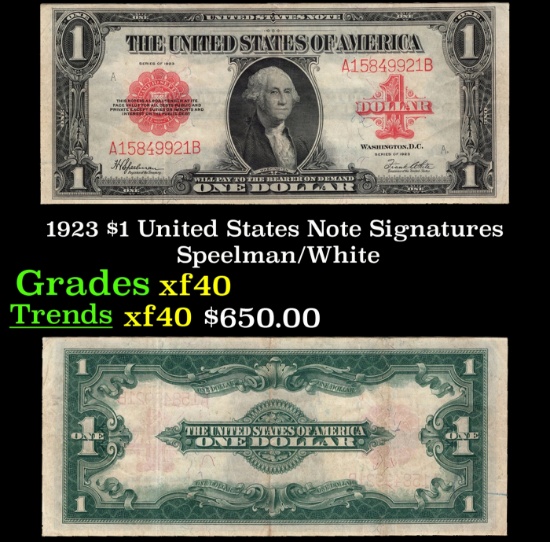 1923 $1 United States Note Grades xf Signatures Speelman/White