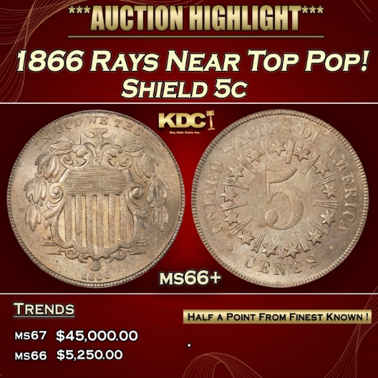 1866 Rays Shield Nickel Near Top Pop! 5c ms66+ SEGS